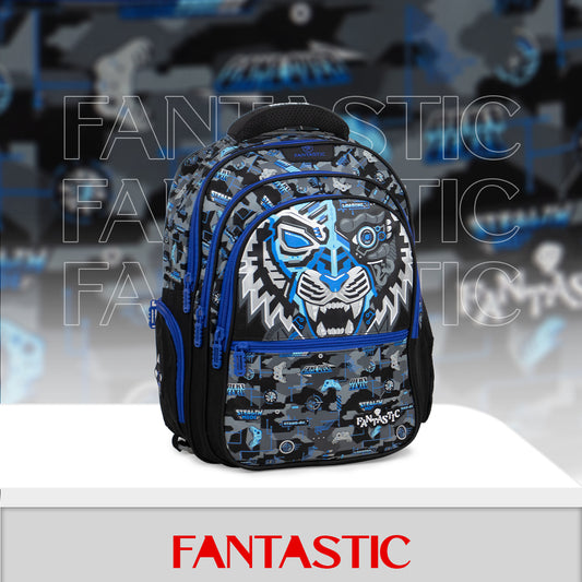 QY001 حقيبة ظهر مدرسية، تصميم نمر رقمي، ٣ حجرات، ٢٥ لتر، أزرق وأسود، 40×30×15سم