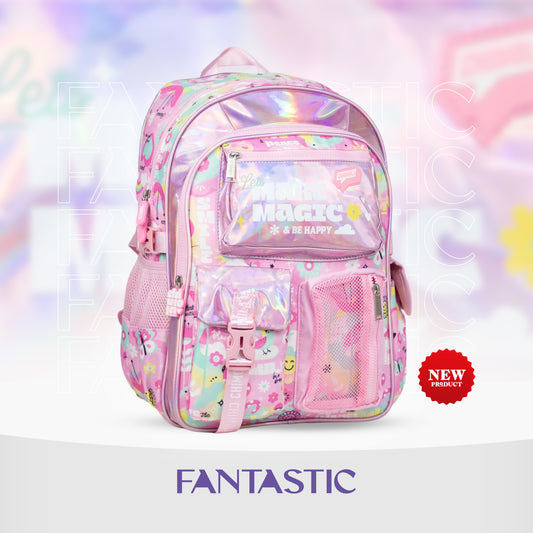 MM048 شيمولا حقيبة ظهر مدرسية، تصميم سحري هولوغرافي، لون وردي، مع جيوب متعددة وشبك جانبي