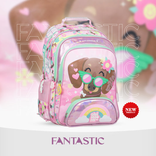 MM038 شيمولا حقيبة ظهر مدرسية، تصميم كرتوني جذاب، لون وردي مع نقشة قوس قزح، جيوب متعددة