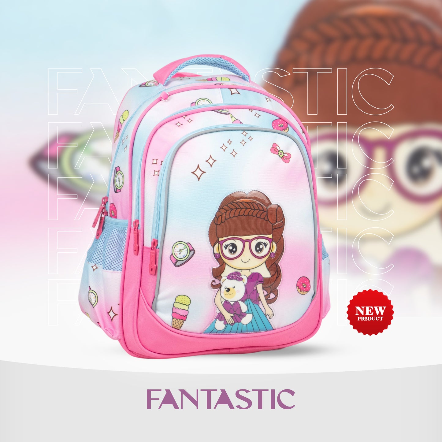 XT081 ياً مع حقيبة الظهر المدرسية فانتاستيك! تتميز هذه الحقيبة بتصميم ساحر يجمع بين حصان البحر واليونيكورن مع لمسات قوس قزح براقة بألوان الأزرق