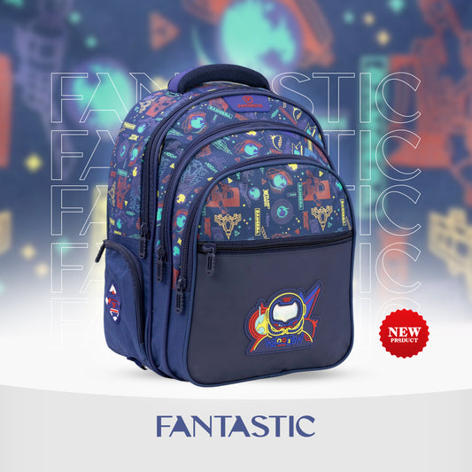 QY002 فانتاستيك حقيبة ظهر مدرسية، تصميم فضائي، نمط كرتوني، لون كحلي مع رسومات ملونة