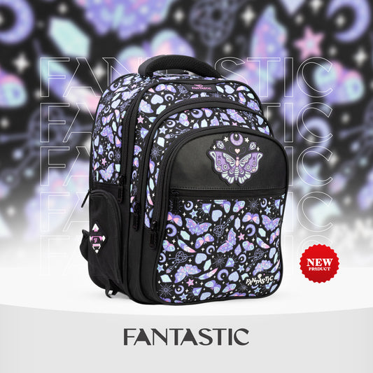 QY002 فانتاستيك حقيبة ظهر مدرسية، تصميم فراشات وزخارف، لون أسود وبنفسجي