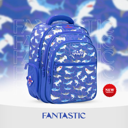فانتاستيك حقيبة ظهر مدرسية للأطفال، نمط القرش، لون أزرق، جيوب متعددة QY002