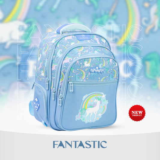 QY002 فانتاستيك حقيبة ظهر مدرسية، تصميم يونيكورن وقوس قزح، لون أزرق فاتح، جيوب متعددة