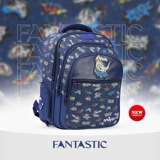 فانتاستيك حقيبة ظهر مدرسية، تصميم عصري، نمط كرتوني، لون كحلي، سحابات متعددة QY002