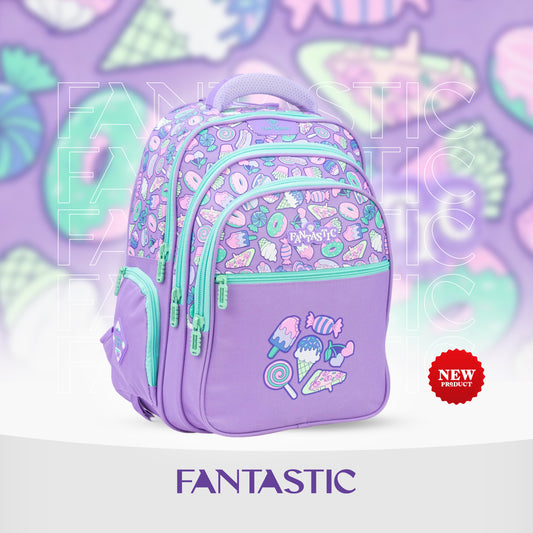 فانتاستيك حقيبة ظهر مدرسية، تصميم حلويات، لون بنفسجي مع أزرق فاتح، سحابات متعددة QY002