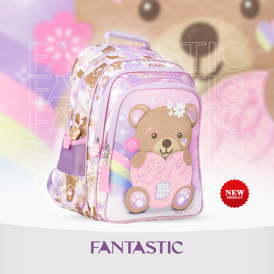 MM042  حقيبة ظهر مدرسية للأطفال، تصميم باندا، متعددة الجيوب، لون وردي ، مع لمسات براقة