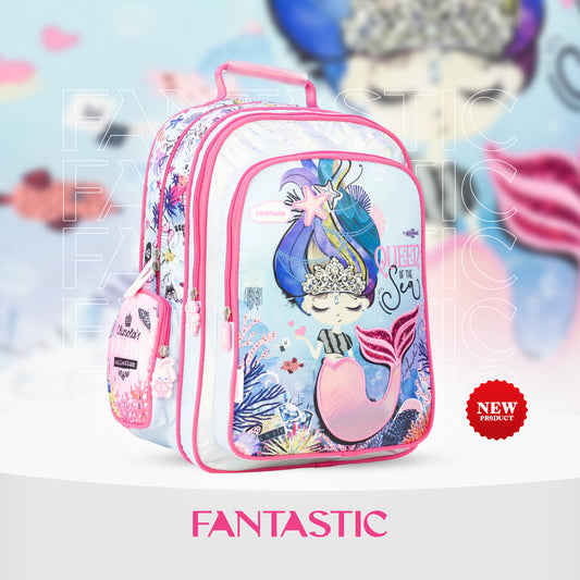 MM043 تشيمولا حقيبة ظهر مدرسية للأطفال، تصميم حورية البحر، نمط بحري باللون الوردي والأزرق