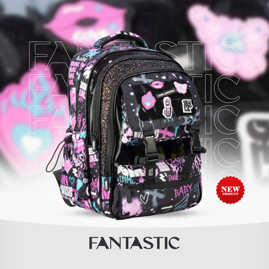 MM046 تشيمولا حقيبة ظهر مدرسية، تصميم عصري، نمط موسيقي، لون أسود مع رسومات وردية وزرقاء