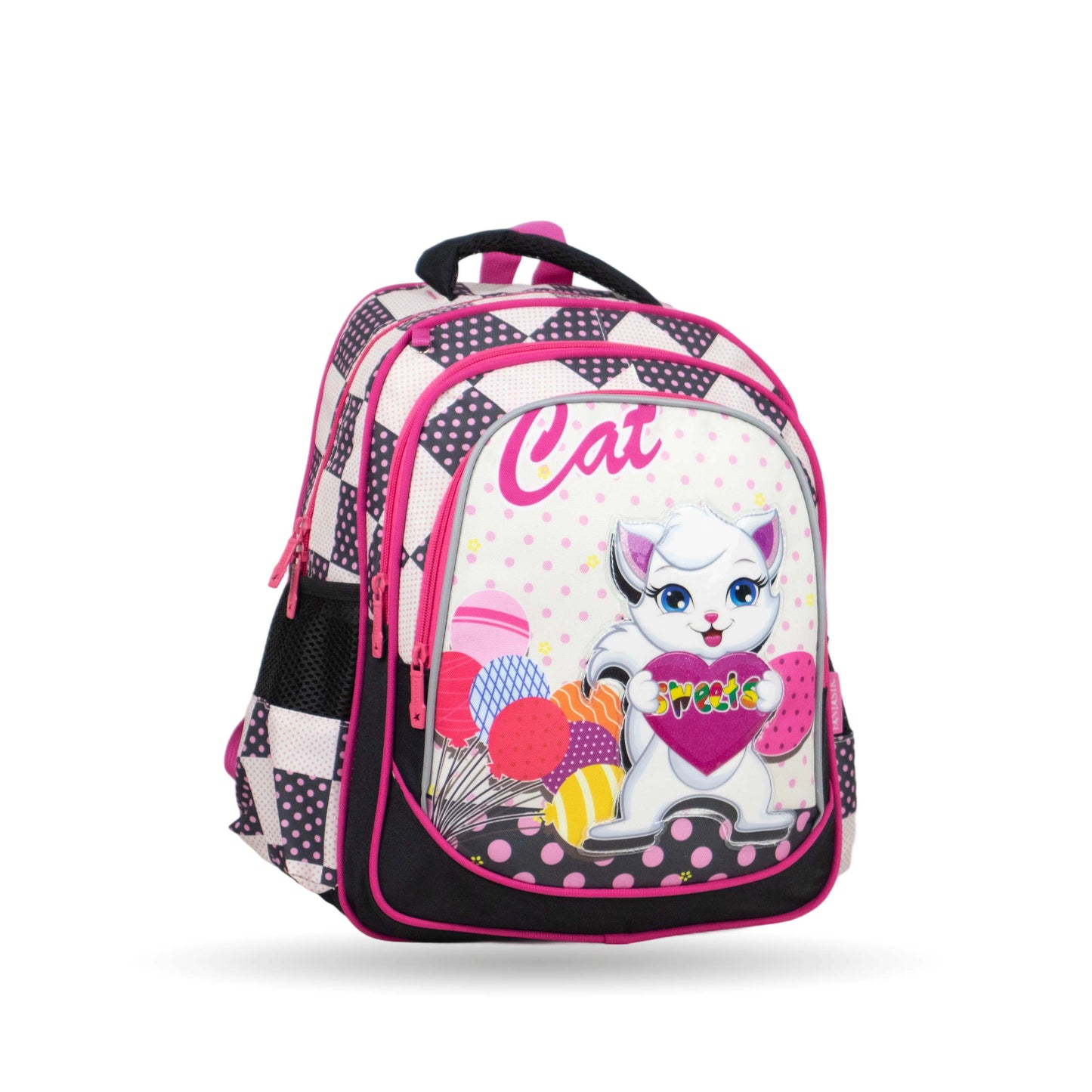 فانتاستيك، طقم شنط مدرسية للبنات، ٣ قطع، تصميم قطة جميل، لون وردي وأبيض