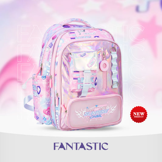 MM047 شيمولا حقيبة ظهر مدرسية، تصميم سحري هولوغرافي، لون وردي، مع جيوب متعددة وشبك جانبي