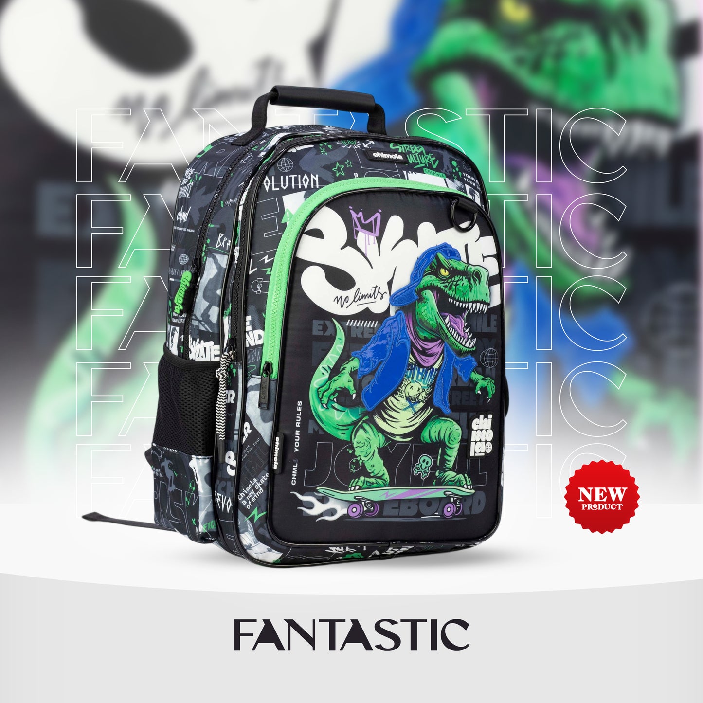 MM049 حقيبة ظهر مدرسية Chimola ، تصميم ديناصور، أزرق وأخضر