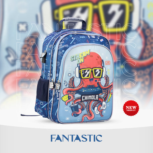 MM050 شيمولا حقيبة ظهر مدرسية، تصميم جيمنج مع طباعة أخطبوط، لون أزرق، متعددة الجيوب