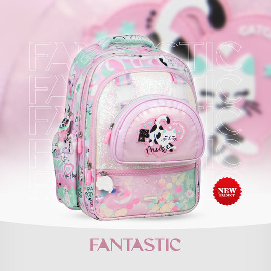 MM044 شنطة ظهر للأطفال بتصميم قطة، لون وردي ومنت، مع جيوب متعددة وتفاصيل براقة