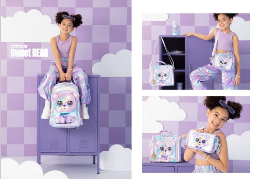 MM036 CHIMOLA ، طقم حقائب مدرسية للأطفال، حقيبة ظهر مع حقيبة طعام ومقلمة، تصميم دب بنفسجي مع نقوش قوس قزح