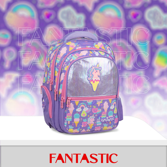 QY001 حقيبة ظهر فانتاستيك للأطفال مقاس 16 بوصة، تصميم يونيكورن وآيس كريم، بنفسجي وردي