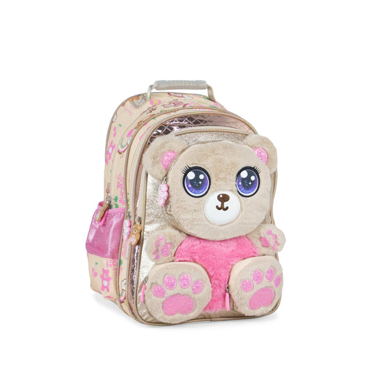 MM031 ، حقيبة ظهر مدرسية للأطفال بتصميم دب، لون بيج وردي، مع جيوب متعددة