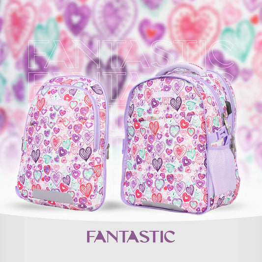 فانتاستك حقيبة ظهر مدرسية، طقم من قطعتين، نقش قلوب ملونة، لون بنفسجي