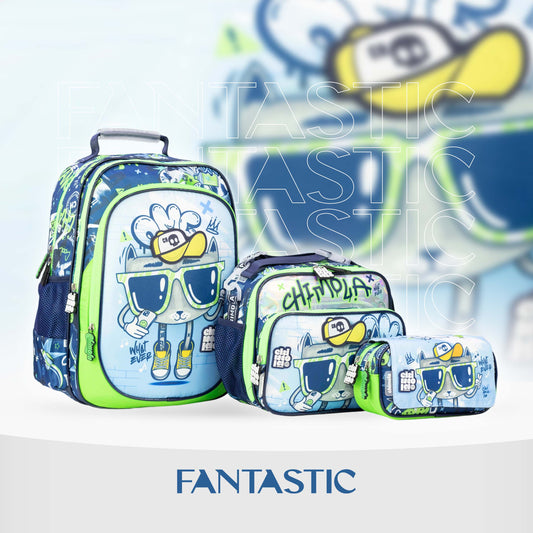 MM057 حقيبة ظهر تشيمولا للأطفال، تصميم كرتوني، أزرق وأخضر، مجموعة من ثلاث قطع