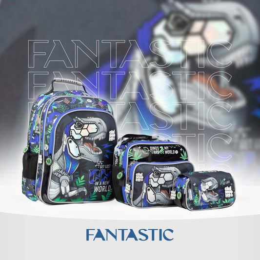 MM056 حقيبة ظهر مدرسية Chimola مع حقيبة طعام ومقلمة، تصميم ديناصور، أزرق وأخضر