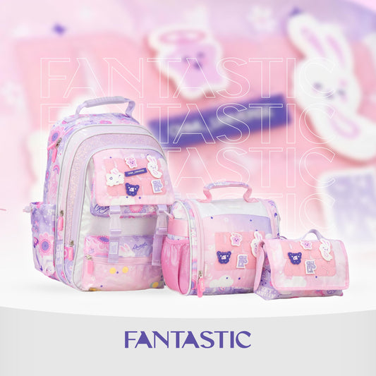 MM032 CHIMOLA ، طقم حقائب مدرسية للبنات، حقيبة ظهر مع حقيبة طعام ومقلمة، نمط زهور وفراشات، لون وردي وبنفسجي