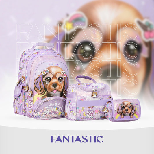 MM035 ، طقم حقائب مدرسية للبنات من CHIMOLA، حقيبة ظهر مع حقيبة طعام ومقلمة، تصميم كلب وقوس قزح، بنفسجي