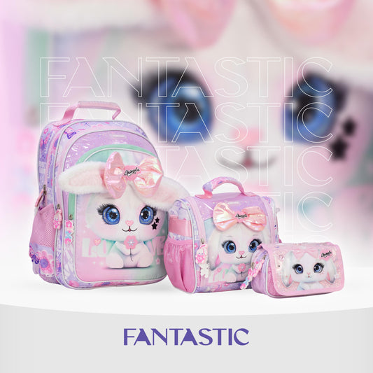 MM030 CHIMOLA ، طقم حقائب مدرسية للبنات، حقيبة ظهر مع حقيبة طعام ومقلمة، تصميم زهور وفراشات باللون الوردي والبنفسجي