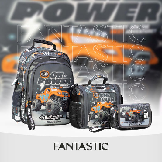 MM053 شيمولا حقيبة مدرسية للأطفال، طقم ٣ قطع مع تصميم سيارة برتقالية، رمادي وأسود