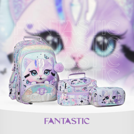 MM037 CHIMOLA ، طقم حقائب مدرسية للبنات، حقيبة ظهر مع حقيبة طعام ومقلمة، تصميم قطة بألوان بنفسجية وقوس قزح