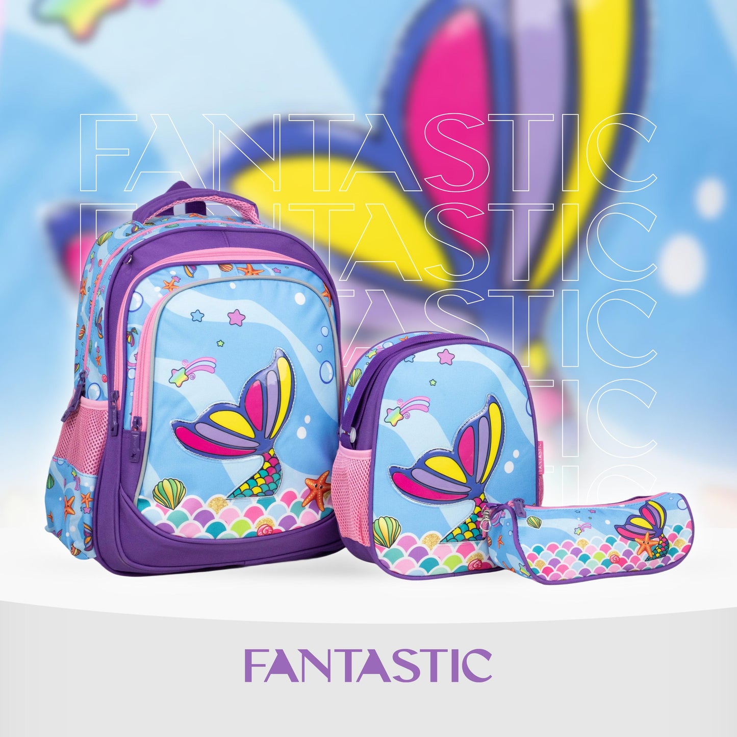 فانتاستيك، طقم شنط مدرسية للبنات، ٣ قطع، تصميم فراشة ملون، لون أزرق وبنفسجي XT082