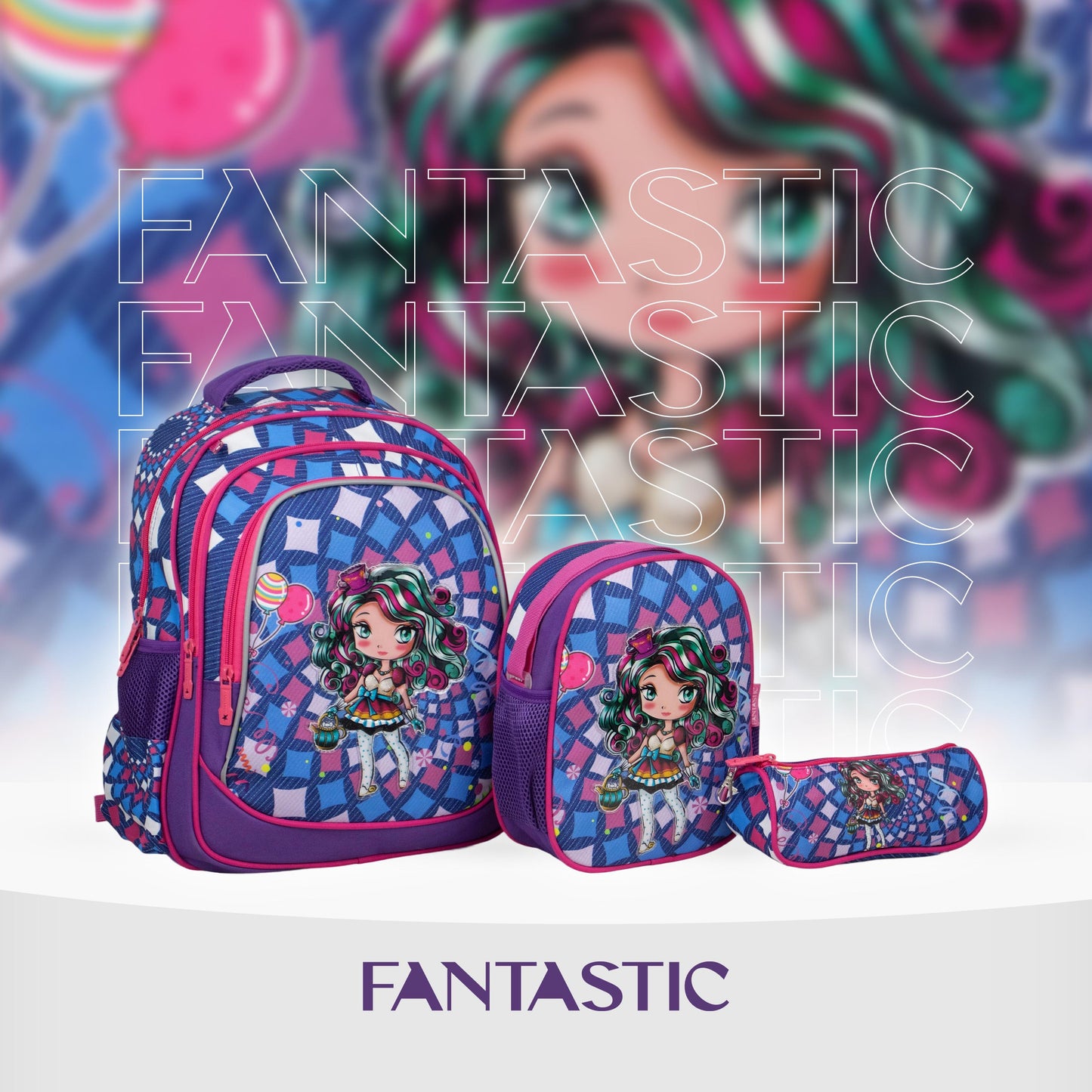 XT082 فانتاستيك، طقم شنط مدرسية للبنات، ٣ قطع، نمط مربعات، لون أزرق وبنفسجي