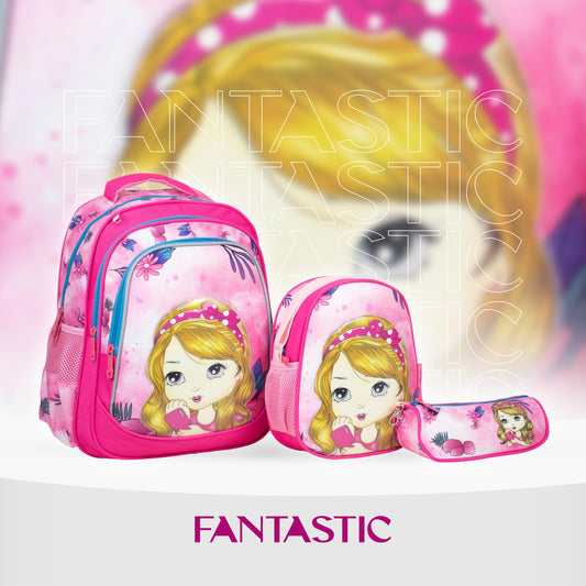فانتاستيك، طقم شنط مدرسية للبنات، ٣ قطع، تصميم جذاب باللون الوردي