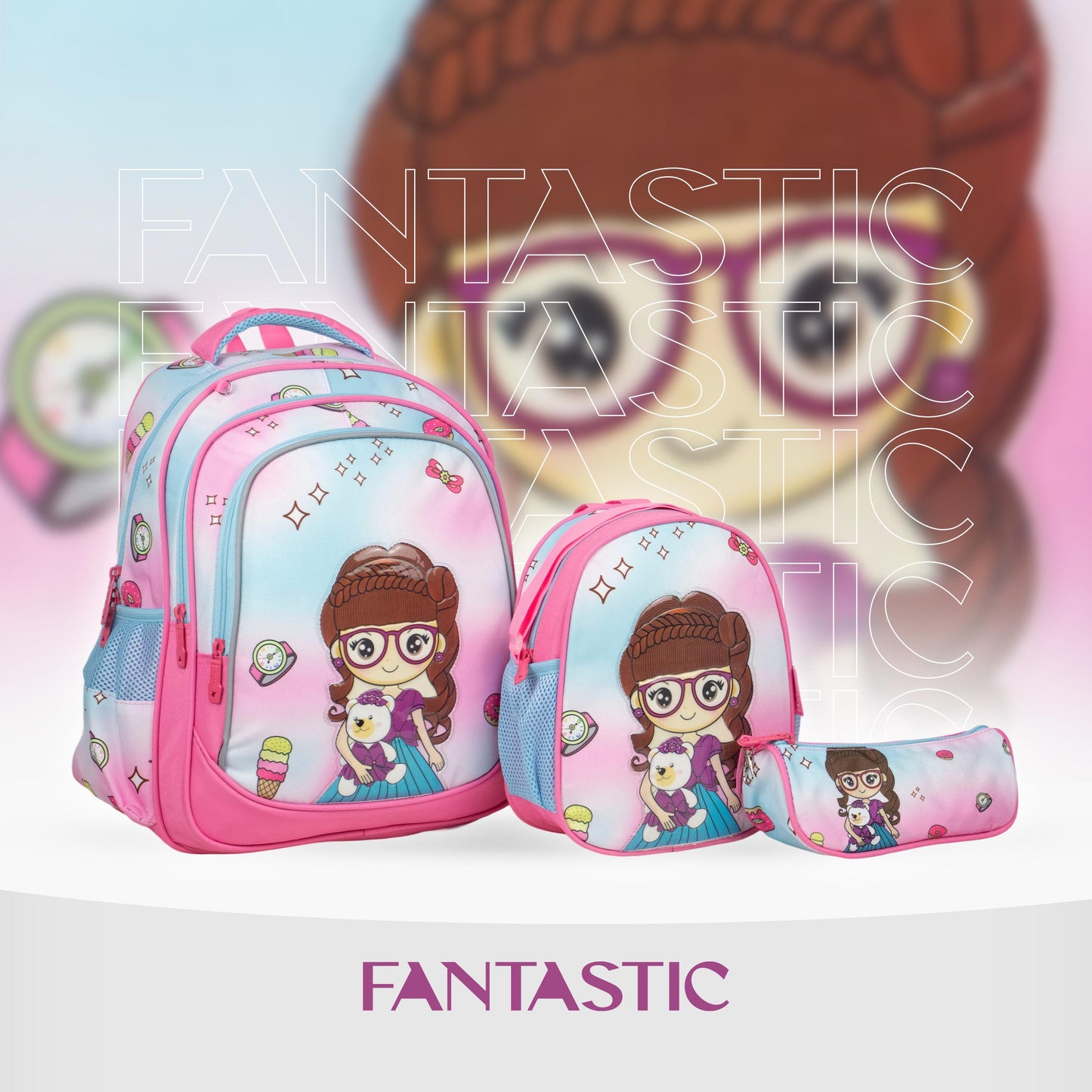 XT082 فانتاستيك، طقم شنط مدرسية للبنات، ٣ قطع، تصميم كرتوني جذاب، لون وردي وأزرق