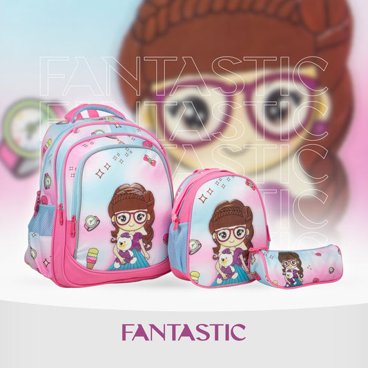 XT082 فانتاستيك، طقم شنط مدرسية للبنات، ٣ قطع، تصميم كرتوني جذاب، لون وردي وأزرق