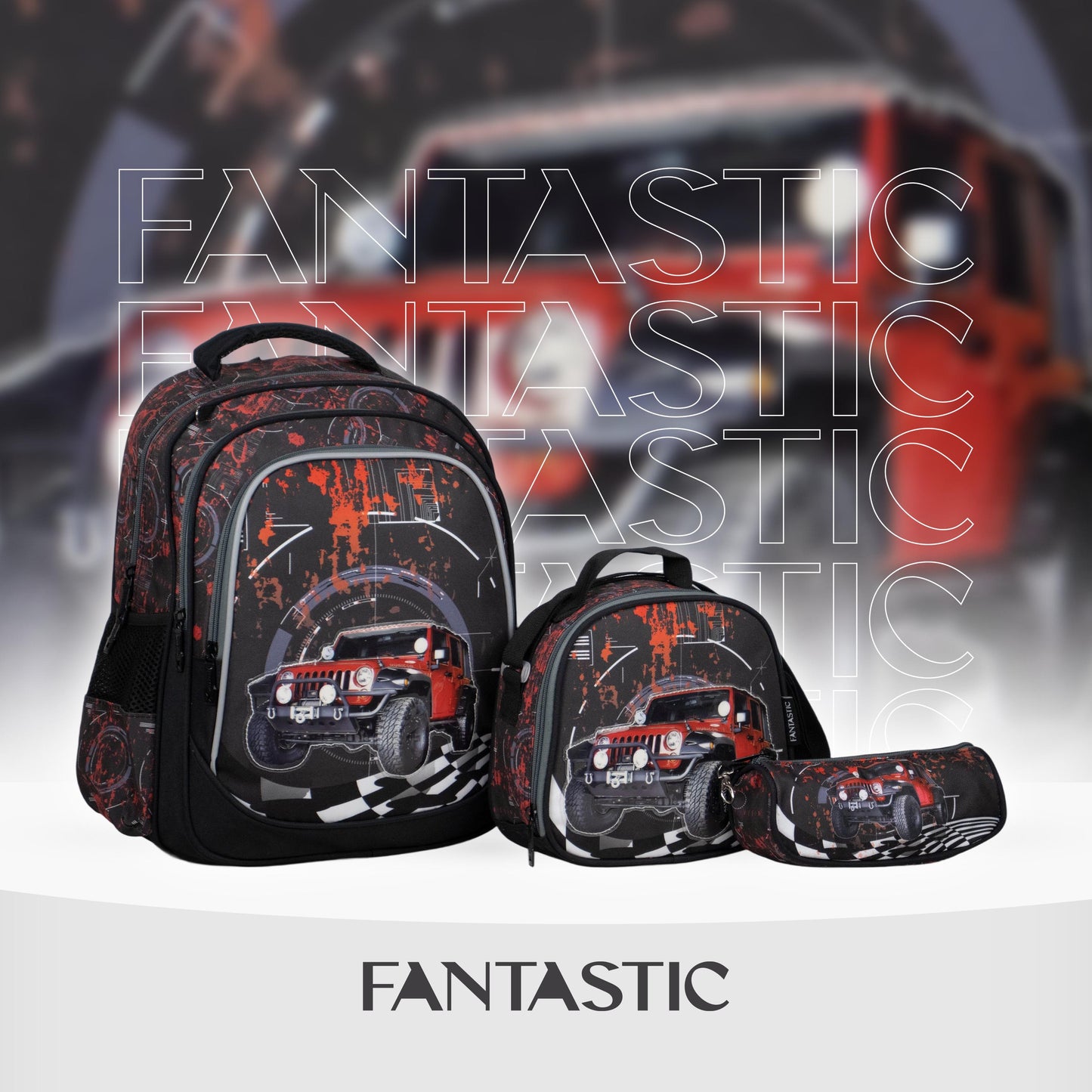 فانتاستيك، طقم حقائب مدرسية، ٣ قطع، تصميم سيارة، نمط أسود وأحمر XT082