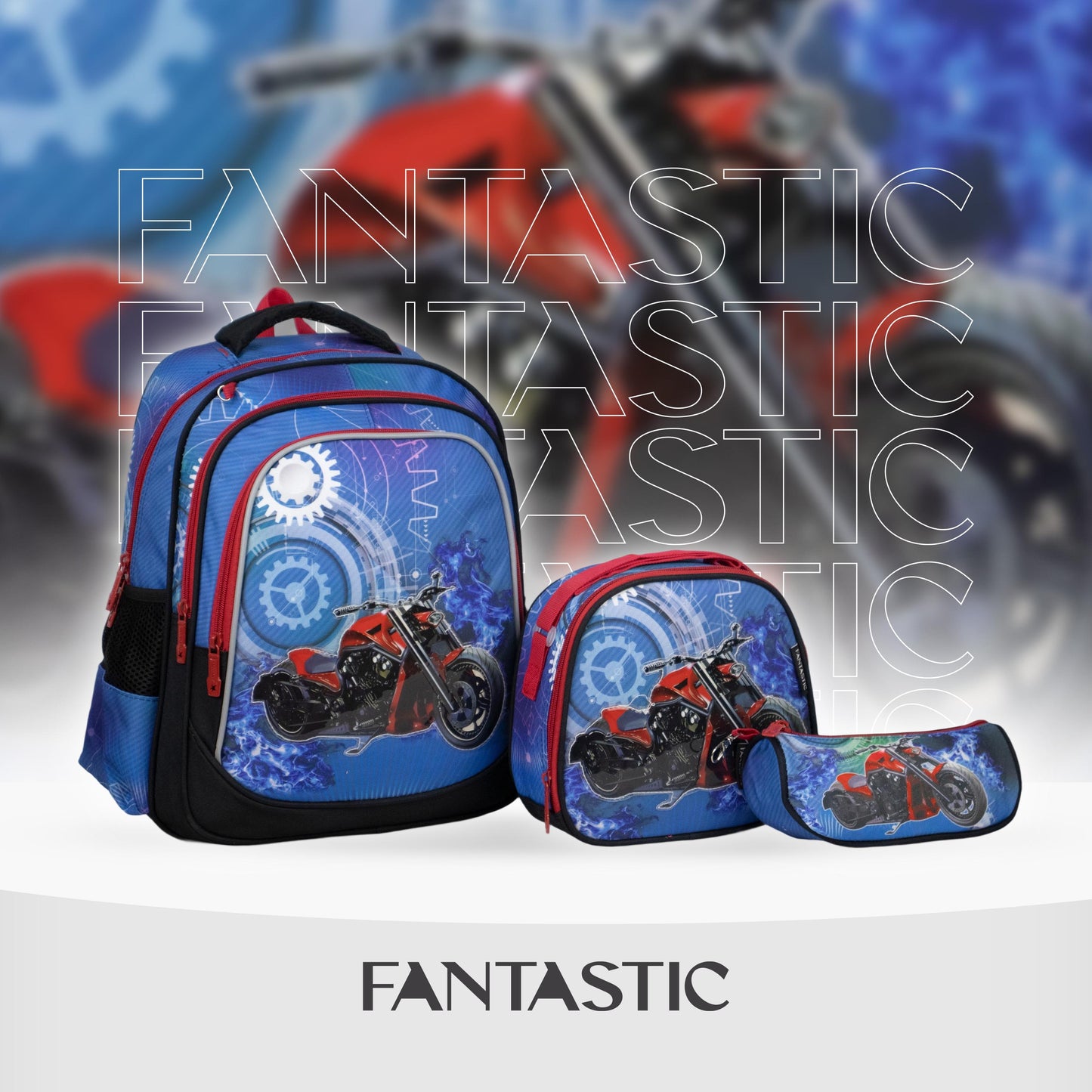 فانتاستيك، طقم حقائب مدرسية ٣ قطع، تصميم دراجة نارية، أزرق وأحمر XT082