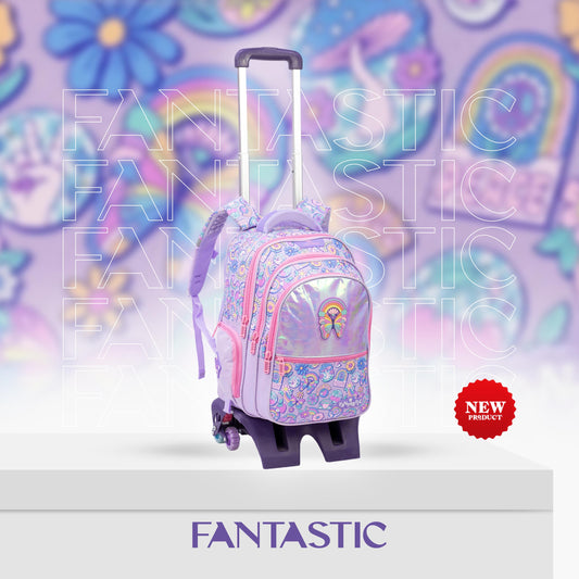 QY001T حقيبة ظهر مدرسية للأطفال، تصميم حلويات وفراشات، مع عجلات، 3 حجرات، بنفسجي ووردي، 17 بوصة (Copy)
