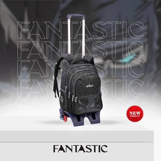 QY001T حقيبة ظهر مدرسية، ٣ حجرات، مع عجلات، تصميم عصري، أسود، 16 بوصة