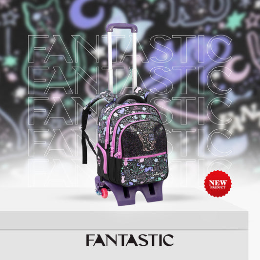 QY001T حقيبة ظهر مدرسية، مع عجلات، 3 حجرات، تصميم قطط ونجوم، أسود ووردي، مقاومة للماء