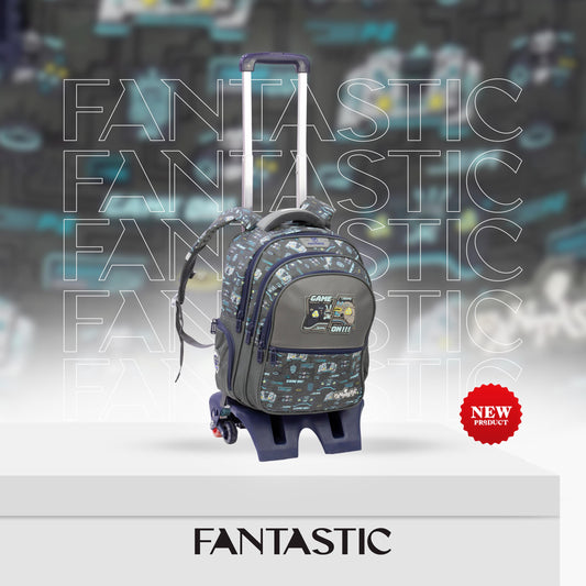 QY001T حقيبة ظهر مدرسية للألعاب، مع عجلات  3 حجرات، تصميم جيمنج، رمادي وأزرق، 17 بوصة