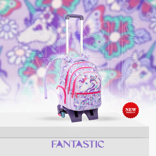 QY001T 17 بوصةحقيبة ظهر مدرسية للأطفال، تصميم يونيكورن وفراشات، ٣ حجرات، مع عجلات، مقاومة للماء، بنفسجي