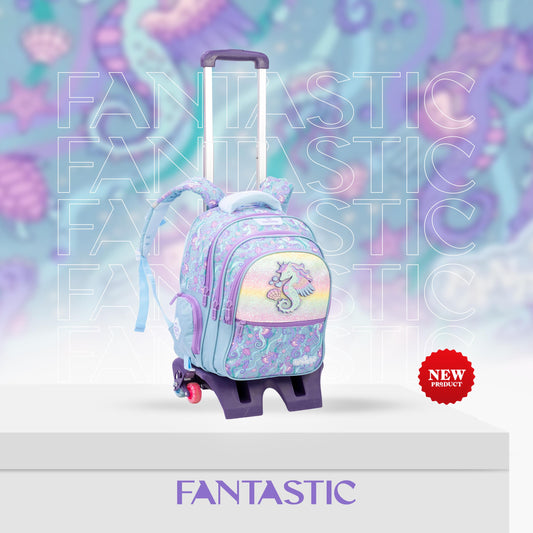 QY001T حقيبة ظهر مدرسية للأطفال،مع عجلات تصميم يونيكورن وحصان البحر، 17 بوصة بنفسجي وأزرق، ٣ حجرات (Copy)
