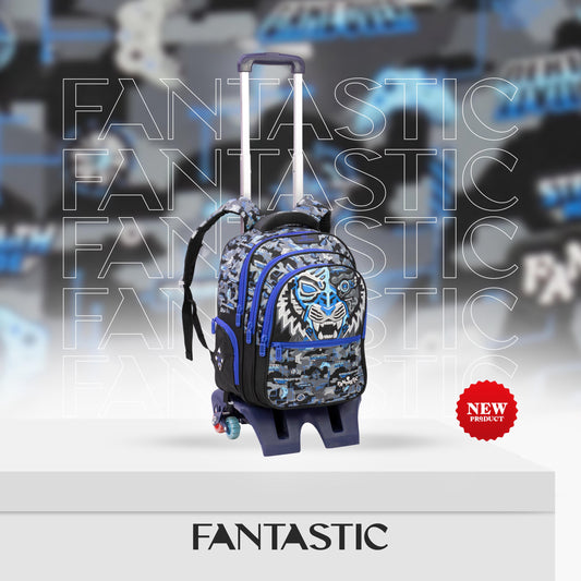 QY001T حقيبة ظهر مدرسية، تصميم نمر رقمي، ٣ حجرات، مع عجلات، أزرق وأسود، 17 بوصة