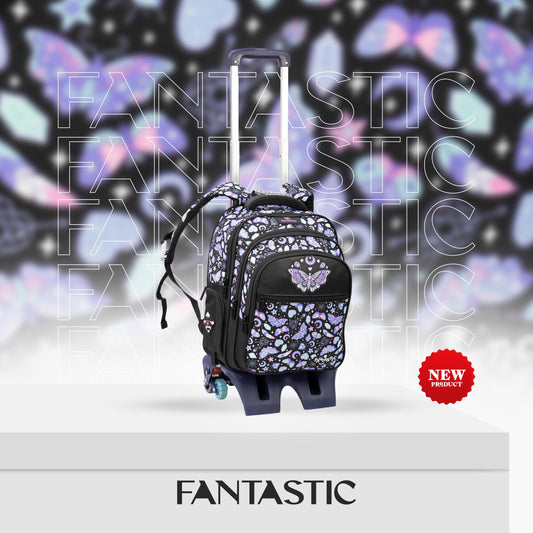QY002T فانتاستيك حقيبة ظهر مدرسيةمع عجلات، تصميم فراشات وزخارف، لون أسود وبنفسجي