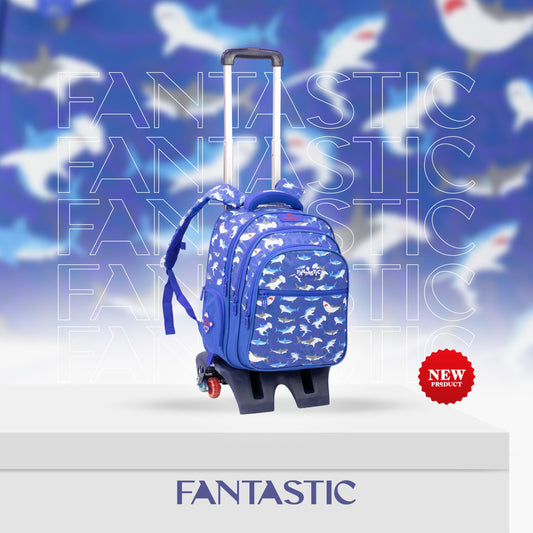 فانتاستيك حقيبة ظهر مدرسية للأطفال مع عجلات، نمط القرش، لون أزرق، جيوب متعددة QY002T