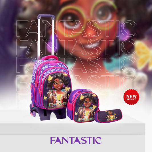 QY006T حقيبة فانتاستيك المدرسيةمع عجلات ، 17 بوصة، مع حقيبة طعام ومقلمة، تصميم ثلاثي الأبعاد، للأطفال