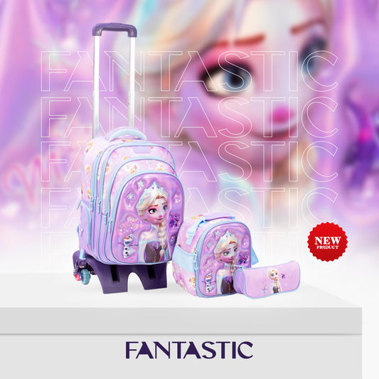 QY008T حقيبة مدرسية فانتاستيك فروزن مع عجلات ، طقم ٣ قطع، حقيبة ظهر مع حقيبة طعام ومقلمة، بنفسجي وأزرق، 17