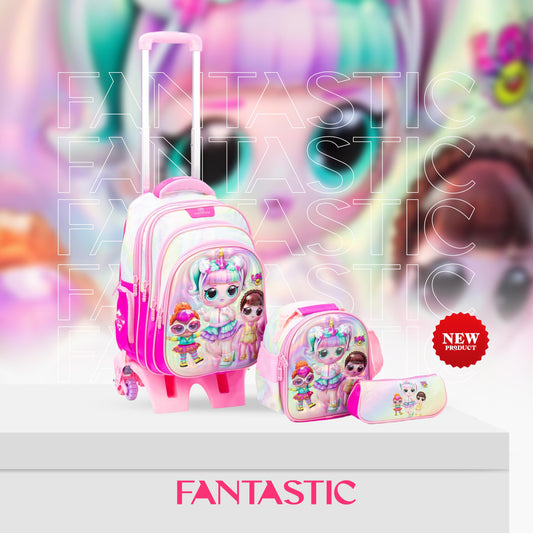 QY008T حقيبة ظهر FANTASTIC مدرسية للأطفال، تصميم بنفسجي وزهري  مع عجلات ،  4جيوب، طقم ٣ قطع مع حقيبة طعام ومقلمة