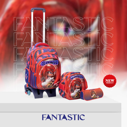 QY008T مجموعة سونيك هيدج هوج المدرسية مع عجلات ، طقم ٣ قطع، حقيبة ظهر مع حقيبة طعام ومقلمة، أحمر وأزرق