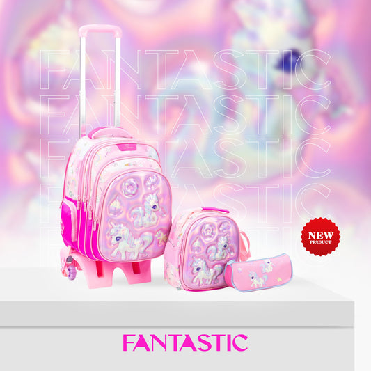 QY008T حقيبة مدرسية فانتاستيك للأطفال مع عجلات ، طقم ٣ قطع، حقيبة ظهر يونيكورن مع حقيبة طعام ومقلمة، وردي